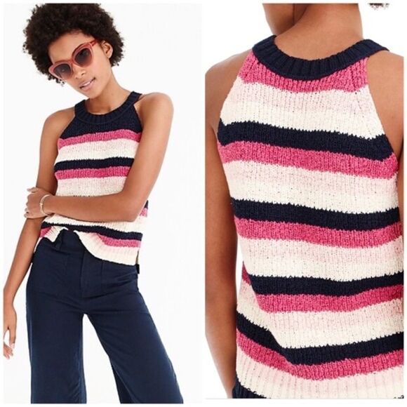 J. Crew Size Small Blue & Pink Point Sur Sweater Halter Tank Top in Stripe - Picture 1 of 9